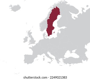 Maroon Map of Sweden within gray map of European continent