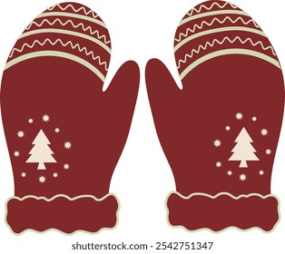 Maroon Mittens vector.  A pair of Warm Christmas winter gloves isolated on a white background. 
Gloves pair with a Christmas tree on it. Winter Gloves icon. winter accessory. gloves clip art.
