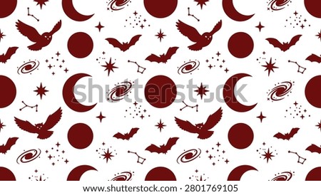 Maroon Mystical Seamless Pattern with Owls, Bats, Crescent Moons, and Stars