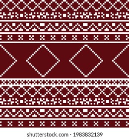 Maroon Nordic knit seamless vector pattern. Seasonal, traditional Norwegian winter knitted textile design in dark red and white. Repeating, geometric, decorative stitch background texture illustration
