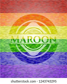 Maroon on mosaic background with the colors of the LGBT flag