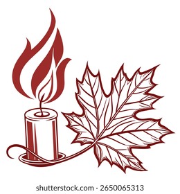 Um esboço maroon ilustração de uma vela com uma chama e uma folha de bordo em um fundo branco.