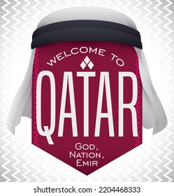 Maroon pennant with welcome message, the motto: 'God, Nation, Emir', and wearing a white keffiyeh turban.