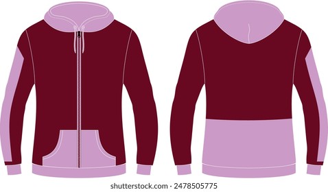 Maroon and Pink Contrast Panel Hoodie Flat Sketch Mockup