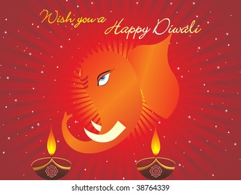 maroon rays background with ganpati face, diya