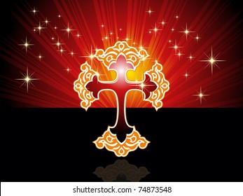 maroon rays, twinkle star background with isolated shiny cross