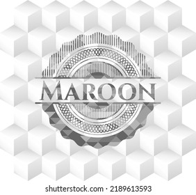Maroon realistic grey emblem with geometric cube white background. 