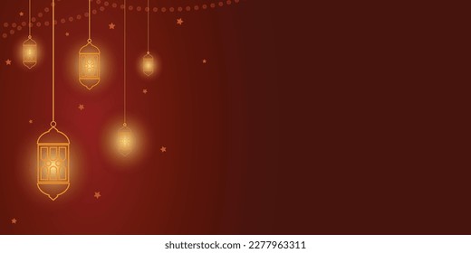 Maroon red color background template with yellow moon stars and lamp, copy space for text, suitable for islamic religion festival celebrations