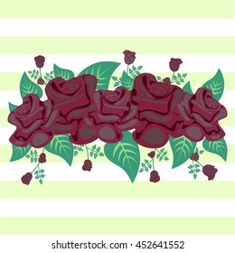 Maroon roses on light green and white horizontal stripes pattern