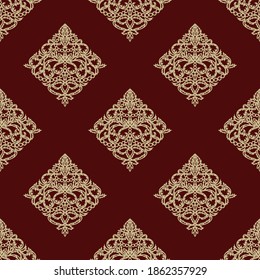 Maroon seamless background with golden classic pattern. Square endless texture with elegant floral ornament rhombus-shaped. Template for wallpaper, textile, web, wrapping paper. Vector illustration.