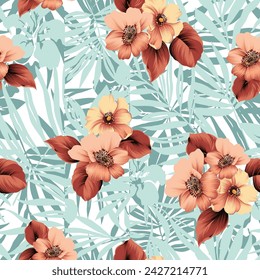 Maroon nahtlose Vektor Stock Blumen mit Blattbuscheln Muster auf grünem Blatt Hintergrund