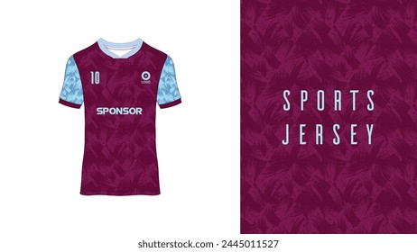 Maroon, Sky sports design template for soccer jersey, football kit and tank top for basketball jersey. Sports uniform in front and back view. Tshirt mock up for sports club. Vector Illustration.