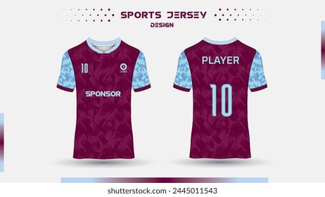 Maroon, Sky sports design template for soccer jersey, football kit and tank top for basketball jersey. Sports uniform in front and back view. Tshirt mock up for sports club. Vector Illustration.