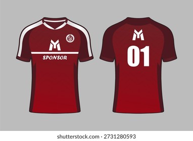 Maroon Soccer Jersey with Chevron Pattern and White Accents – Front and Back View
Symmetrical maroon soccer jersey featuring a bold chevron texture, white shoulder and collar accents, central sponsor branding, and number "01" on the back. Includes stylized "M" logo and circular team emblem. Ideal for showcasing custom football kits, teamwear branding, and modern sports apparel design.