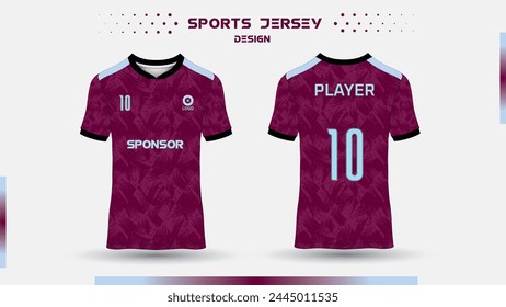 Maroon sports design template for soccer jersey, football kit and tank top for basketball jersey. Sports uniform in front and back view. Tshirt mock up for sports club. Vector Illustration.