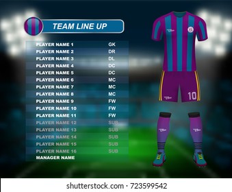 Maroon stripe of soccer jersey kit with team line up board on soccer stadium and crowd fan with spot light backdrop on night time. Concept for south America result background in vector illustrative