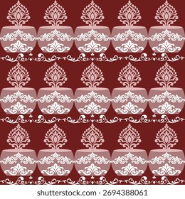 Maroon Thai Pot y Lotus Pattern | Vector de tela cultural elegante de diseño textil tradicional sin costuras
