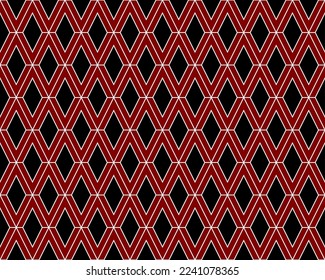 Maroon V alphabet letter repeating pattern on black background vector. Diamond fabric, ethnic, rhombus, thin diagonal lines, triangle background. Wall and floor ceramic tiles seamless pattern.