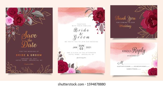Maroon wedding invitation card template set with burgundy and peach rose flowers and watercolor background. Cards with floral, gold line, and glitter for save the date, invitation, greeting card