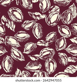 Maroon e branco, desenhado à mão ilustração de conchas de amêndoa. em padrão de impressão de tecido de linho, algodão, seda, ilustração vetorial, verão de doodle, crianças e desenhos de bebê para tecido de impressão.