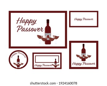 Maroon White Passover cards and tags with Wine bottle and four wine glasses