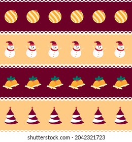 Maroon And Yellow Background Decorated With Christmas Tree, Snowman, Jingle Bells And Baubles Illustration.