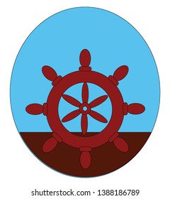 Volante de dirección de un buque de color marrón compuesto por ocho radios cilíndricas de madera en forma de balaustradas y todas unidas en un plano o ilustración de color vectorial central de un cubo de madera