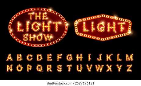 Marquee with Fonts Collection Vector: Realistic Isolated Quadrilateral,  Rhombus and Oval Lightbox Billboards Featuring Neon Fonts and Light Bulbs, Perfect for Broadway and Show Themes. Vector