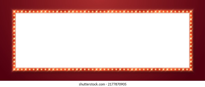 Marquee frame with red border, retro casino signboard with white background. Vintage circus banner with yellow light bulbs. Vector illutration.