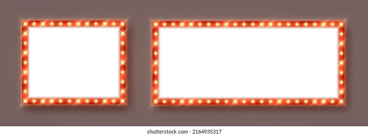 Marquee frames with red border, retro casino signboards with white background. Vintage circus banners with yellow light bulbs. Vector illutration. svg