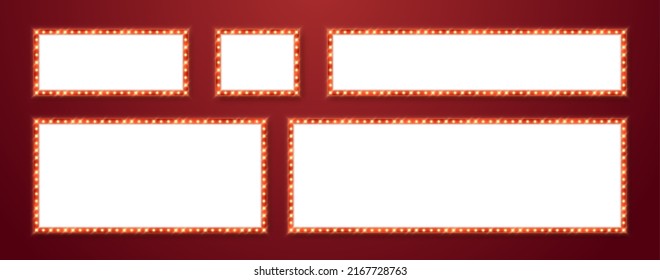 Marquee Frames With Red Border, Retro Casino Signboards With White Background. Vintage Circus Banners With Yellow Light Bulbs. Vector Illutration.