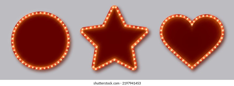 Marquee frames with red border, retro casino signboards with white background and light bulbs. Vintage circus banners in different shapes - circle, star, heart. Vector illutration. svg