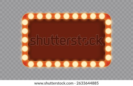 Marquee light frame with bulb glowing. Realistic retro banner 3d, red casino or circus sign, red neon cinema box, empty frame with gold lights and shadow. Vector illustration.