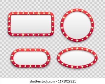 Marquee light frames. Vintage round and rectangular cinema and casino empty red signs bright vegas lights with bulbs. Vector theatre show or nightclub billboard retro isolated icons set