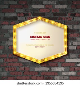 Marquee light gold board sign on brick background. Vector illustration