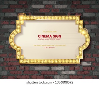 Marquee light gold board sign on brick background. Vector illustration