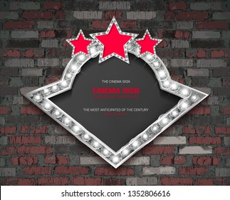 Marquee light silver board sign on brick background. Vector illustration