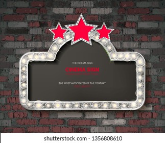 Marquee light silver board sign on brick background. Vector illustration
