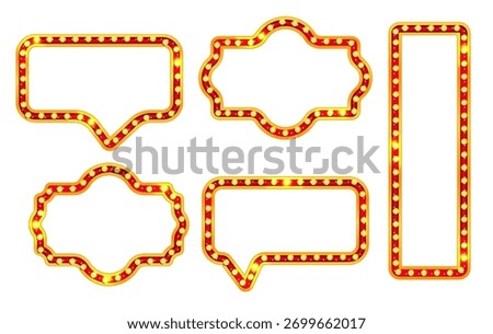Marquee sign circus rectangle light with carnival frame and casino glow board. Retro cinema bulb border in vintage style for theater show or gold broadway poster. Blank billboard bubble for concert