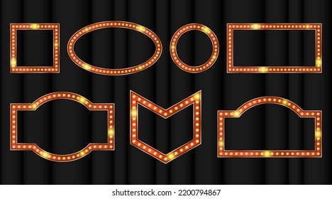 Marquee signboard with Broadway led lamp light. Oval frame for showtime with bulb neon effect.