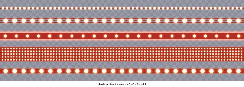 Marquee strip set, red led light ribbons on transparent background. Realistic neon light bulb, vector illustration. vintage marquee borders collection.