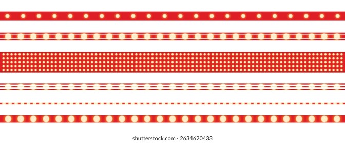 Marquee strip set, red led light ribbons on transparent background. Realistic neon light bulb, vector illustration. Vintage marquee border ribbon collection. Vector illustration.\