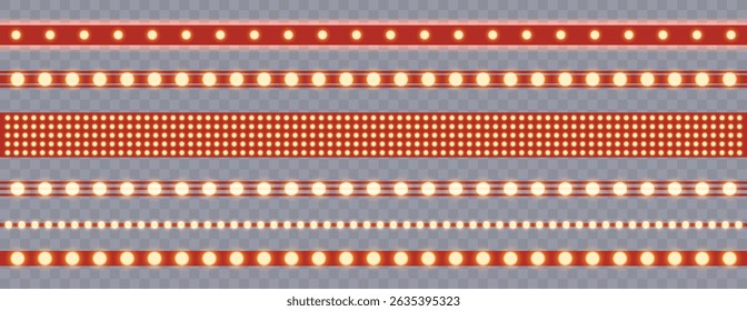 Marquee strip set, red led light ribbons on transparent background. Realistic neon light bulb, vector illustration. Vintage marquee border ribbon collection. Vector illustration.
