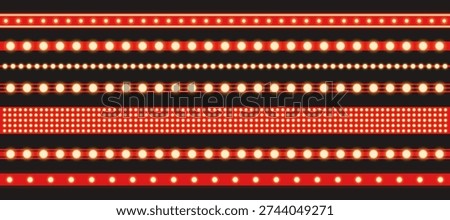 Marquee strip set, red led light ribbons on transparent background. Realistic neon light bulb, vector illustration. vintage marque borders collection, 3d casino or cinema frame mockup.