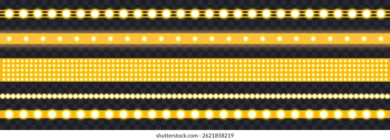 Marquee strip set, yellow led light ribbons on transparent background. Realistic neon light bulb, vector illustration. vintage marquee borders collection.