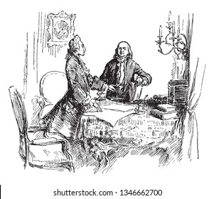 Marquis de LafayetteTalking to Benjamin Franklin ,vintage line drawing or engraving illustration.