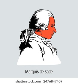 The Marquis de Sade was a French aristocrat, politician, writer and philosopher. He was a preacher of the idea of ​​absolute freedom. Hand drawn vector illustration