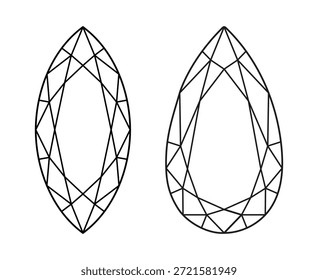 Marquise, Pear diamante corte forma definido. Gemstone padrão de contorno para design de joias, marca, embalagem, logotipo. Marquise, Pear brilhante corte ícones minimalistas. Vista superior em diamante. Desenhar diagrama.
