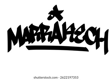 Marrakech graffiti tag in bold black ink on white background. Urban street art lettering, vibrant and exotic city name design, perfect for branding, prints, streetwear, and digital projects.
