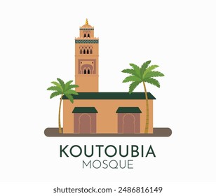 Marrakech, Marruecos Mezquita Koutoubia minarete musulmán. La arquitectura marroquí. Marrakesh, antiguo edificio del Islam. Ilustración vectorial plana